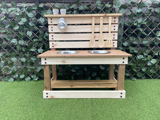 Small Handmade Wooden Mud Kitchen, 2 Bowls + Utensils & Colander