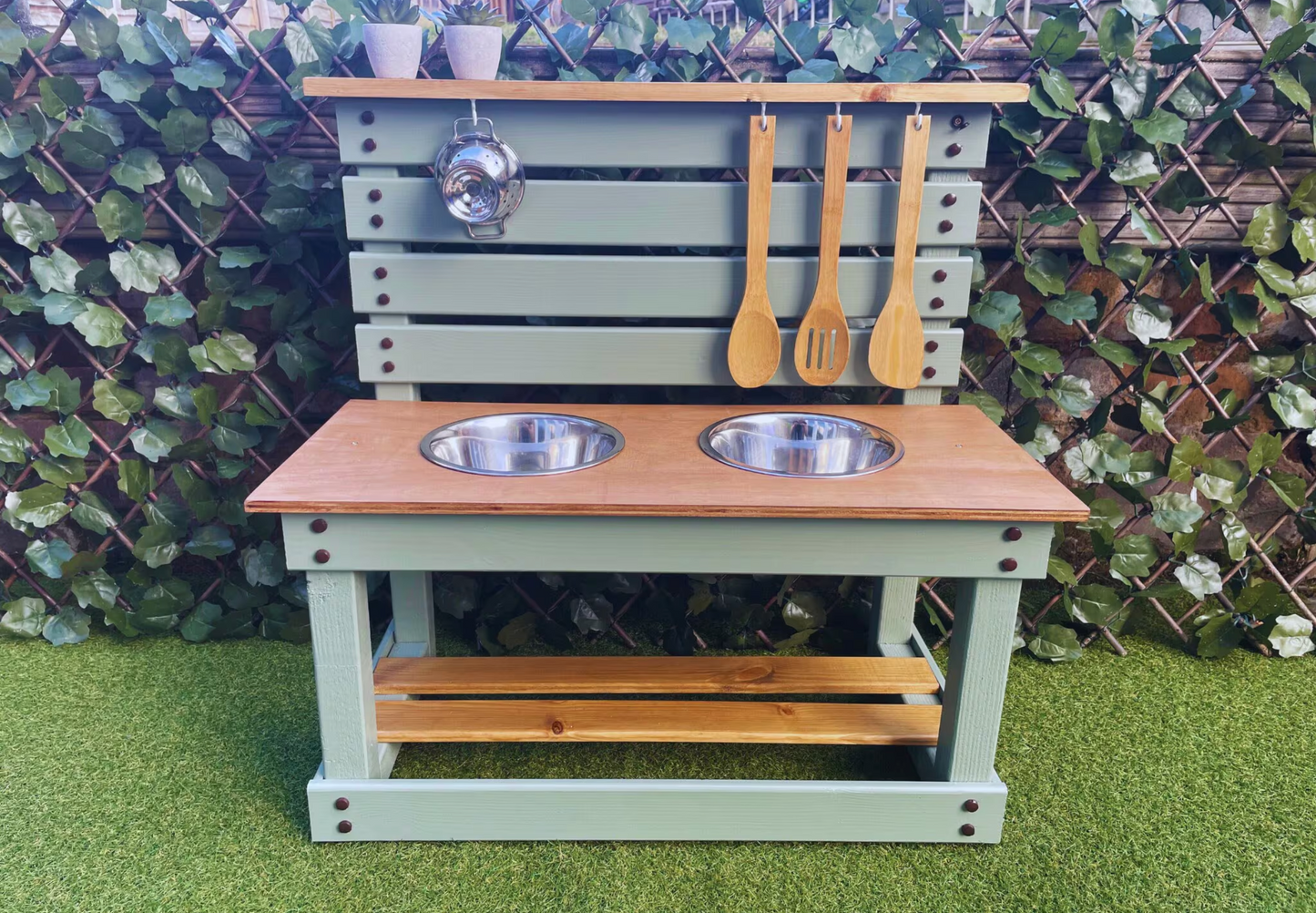 Small Handmade Wooden Mud Kitchen – 2 Bowls, Utensils & Colander