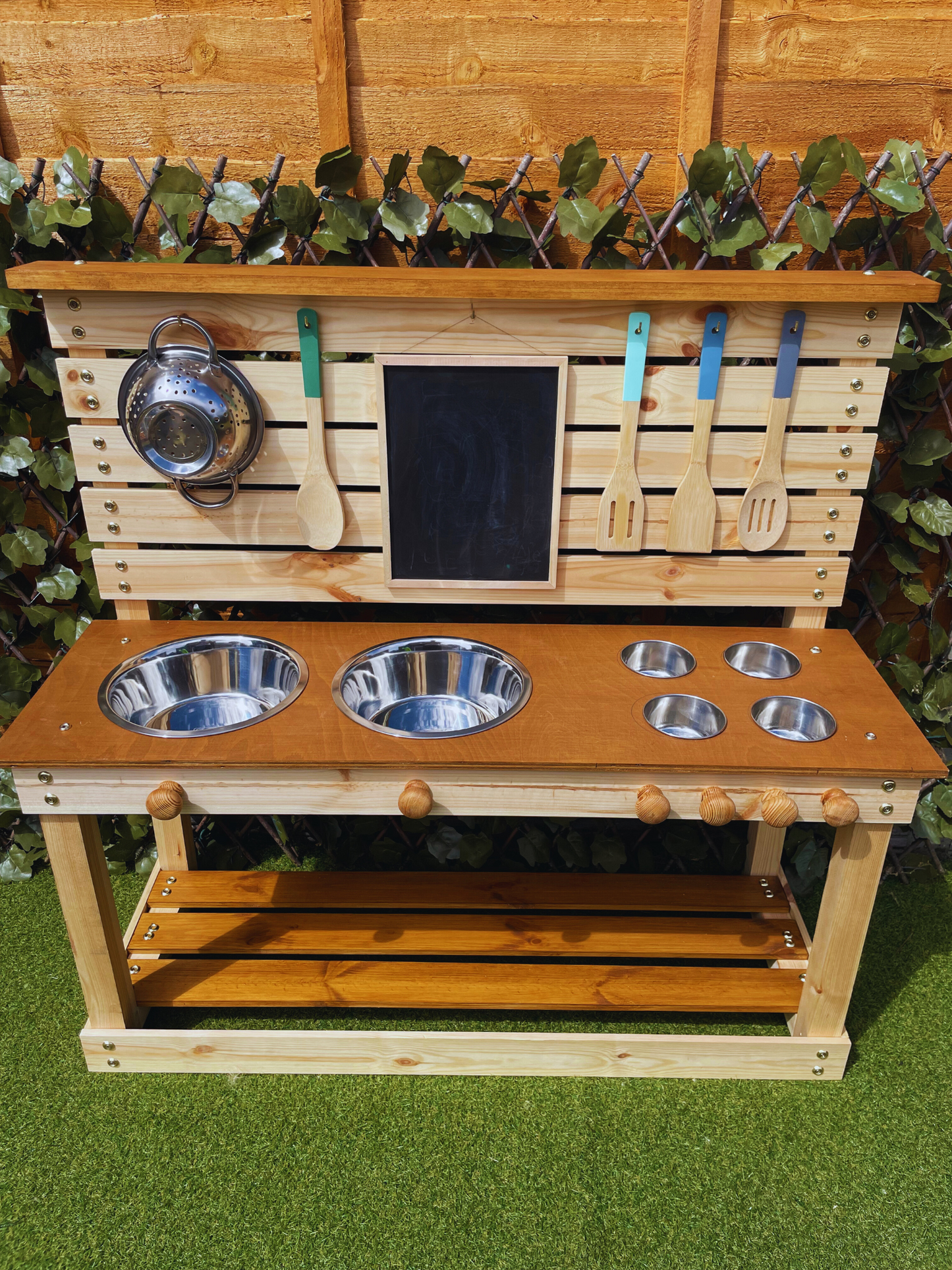 Large Handmade Wooden Mud Kitchen, 6 Bowls & Dials + Utensils & Accessories