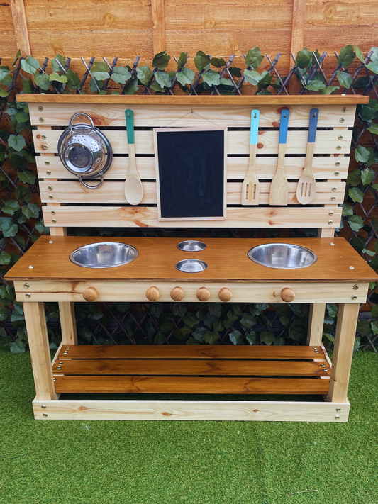 Large Handmade Wooden Mud Kitchen, 4 Bowls & 6 Dials + Utensils & Accessories